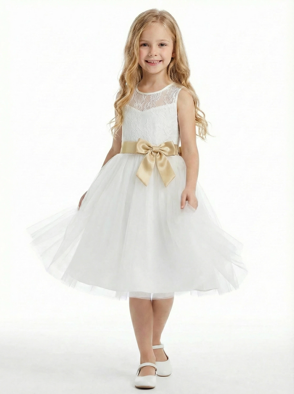Lace Bodice Flower Girl Dress Sleeveless Round Neck Tea Length Tulle Party Formal Dress