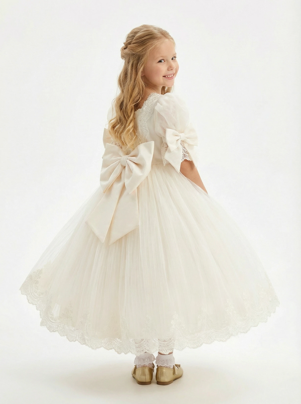 Vintage Lace Flower Girl Dress Puff Sleeve Square Neck Midi Length Tulle Princess Gown