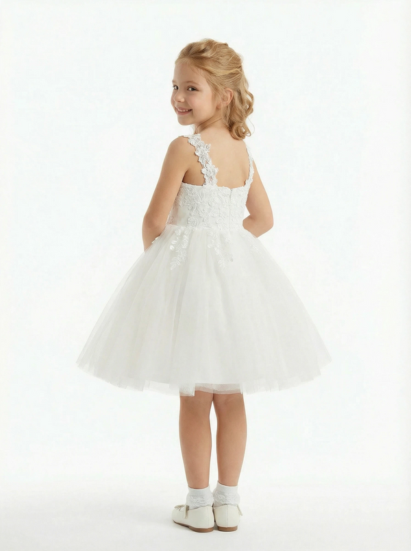 Elegant Lace Bodice Flower Girl Dress V Neck Sleeveless Knee Length Tulle Ceremony Dress