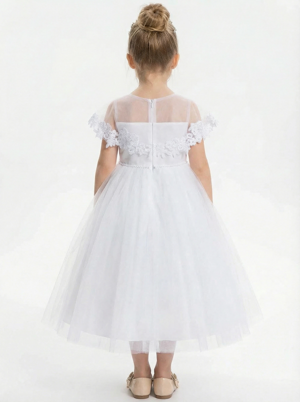 Off Shoulder Flower Girl Dress with Illusion Neck Tulle Skirt Beaded Waist Formal Gown