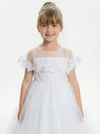 Off Shoulder Flower Girl Dress with Illusion Neck Tulle Skirt Beaded Waist Formal Gown