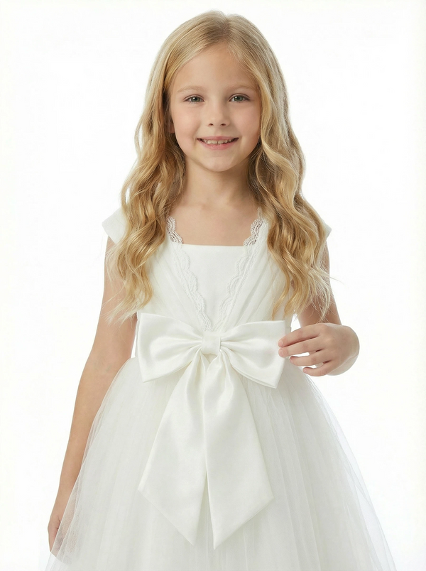 Flower Girl Dress with V Neck Sleeveless A Line Tulle Skirt Bow Detail Elegant Wedding Gown