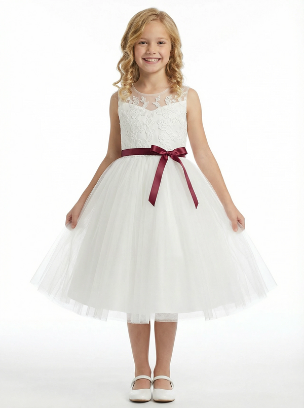 Classic Floral Lace Flower Girl Dress with Soft Tulle Skirt and Burgundy Waist Bow