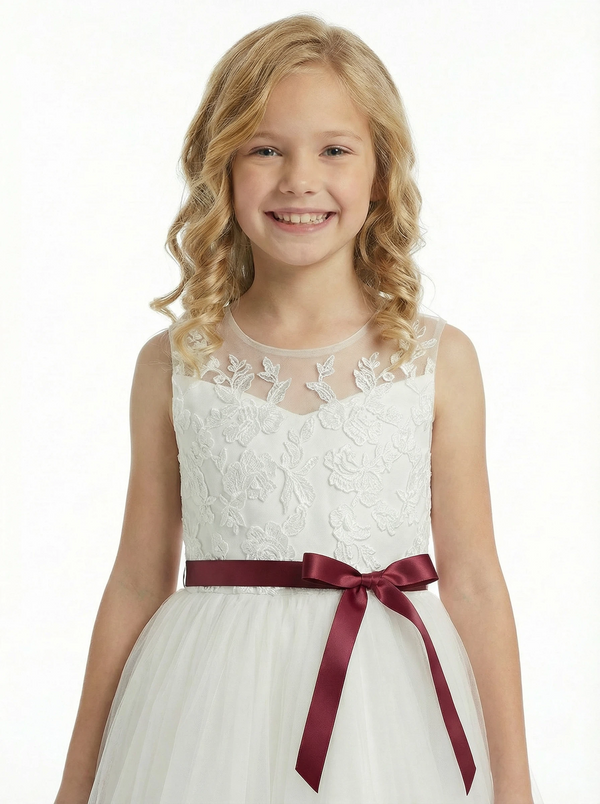 Classic Floral Lace Flower Girl Dress with Soft Tulle Skirt and Burgundy Waist Bow
