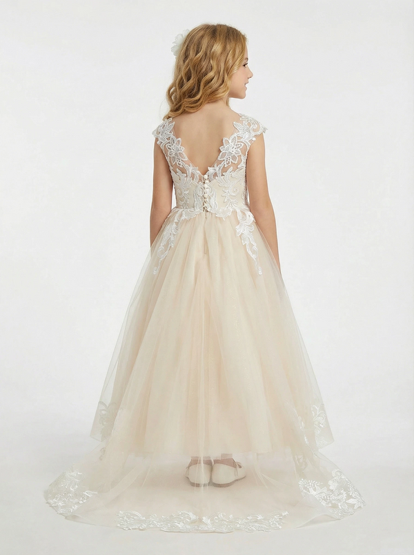 Applique Cap Sleeves V-neck Floor-Length Flower Girl Dress Birthday Party Dresses