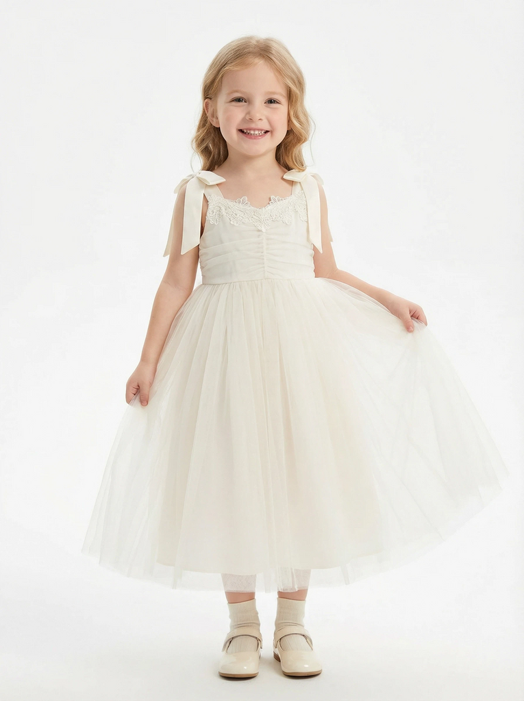 Lace Trim A-Line Flower Tulle Dress Cute Sleeveless Flower Girl Dress with Bow Accents