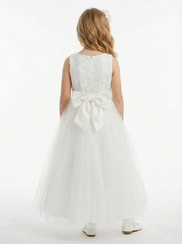 Sleeveless Round Neck Lace Embroidered Tulle Flower Girl Dress Cute A-Line Dress with Bow Back