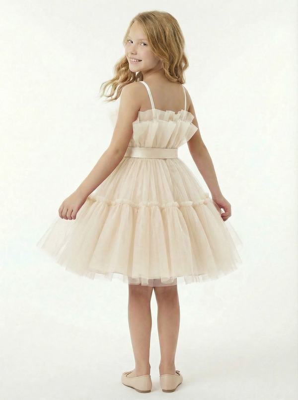 Spaghetti Strap Ruffled Tulle Flower Girl Dress Cute Tiered A-Line Dress with Bow Waist Detail