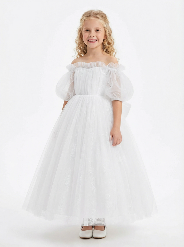 Off-the-Shoulder Puff Sleeve Tulle Flower Girl Dress Cute A-Line Lace Embroidered Long Dress