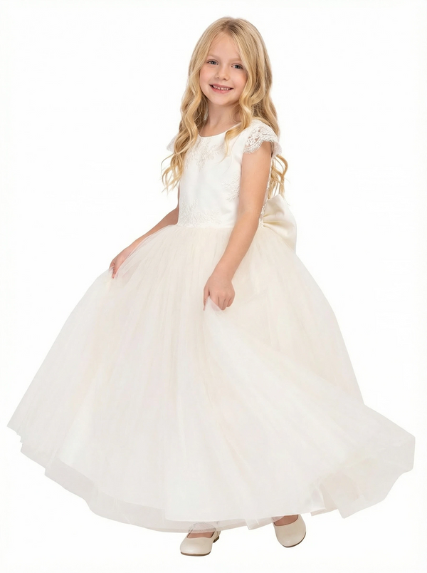 Short Lace Sleeve Round Neck Tulle Flower Girl Dress Cute A-Line Gown with Back Bow & V-Back Detail