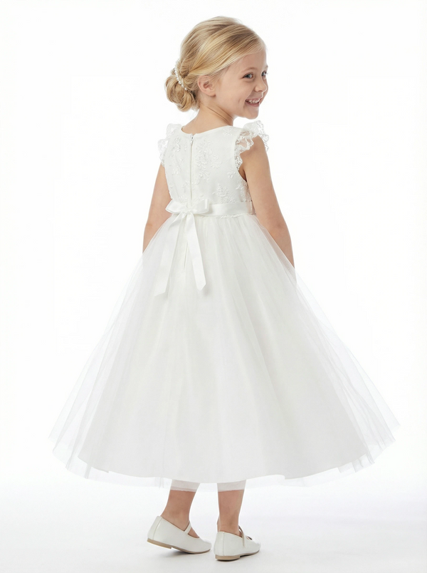 Round Neck Ruffled Lace Sleeve Tulle Flower Girl Dress Cute A-Line Gown with Satin Bow Waist