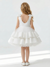 Round Neck Bow Shoulder Tiered Tulle Flower Girl Dress Cute A-Line Sleeveless Gown with Ruffled Skirt