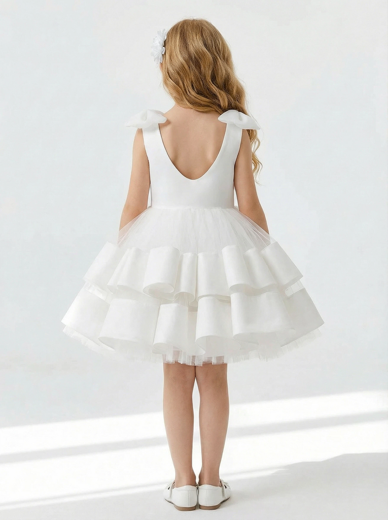 Round Neck Bow Shoulder Tiered Tulle Flower Girl Dress Cute A-Line Sleeveless Gown with Ruffled Skirt