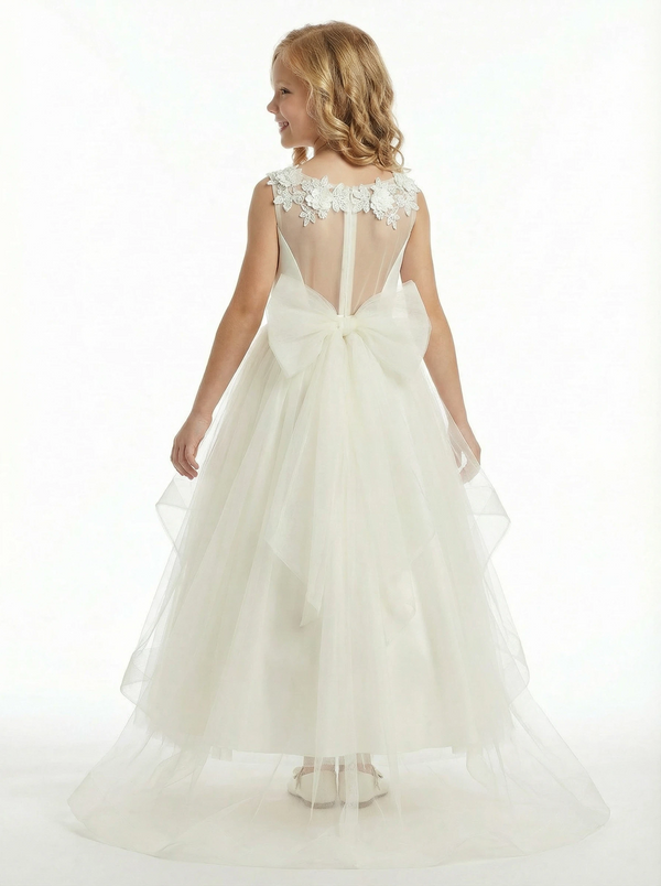 Round Neck Sheer Lace Sleeveless Tulle Flower Girl Dress Cute A-Line Gown with Back Bow & Train