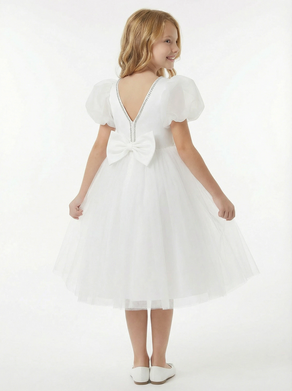 Round Neck Puff Sleeve Tulle Flower Girl Dress Cute A-Line Gown with Back Bow & Embellished Detail