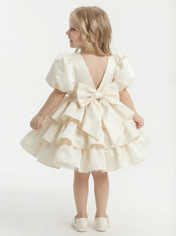 Puff-Sleeve Round Neck Satin Flower Girl Dress Tiered A-Line Knee-Length Gown with Deep V-Back & Oversized Bow