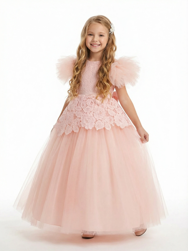 A-Line Round Neck Lace Tulle Flower Girl Dress Cute Puff Sleeve Formal Elegant Flower Tulle Dress for Kids