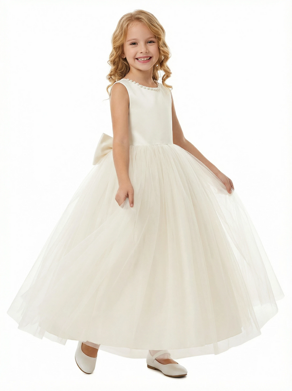 A-Line Round Neck Satin Tulle Flower Girl Dress Pearl Trim Open Back Bow Accent Cute Flower Tulle Dress