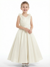 A-Line V-Neck Satin Flower Girl Dress Flower Accent Open Back Ruched Elegant Cute Flowery Dress for Kids