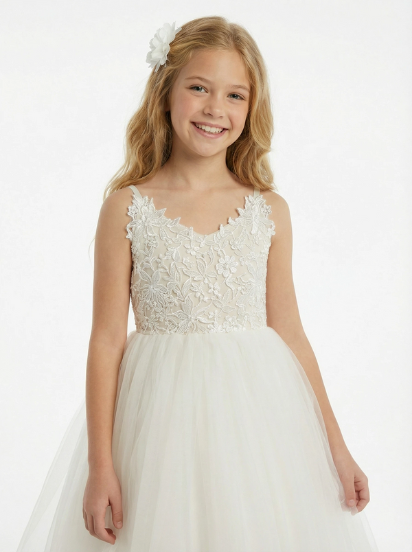 Spaghetti Strap Lace Tulle Flower Girl Dress Floral Embroidery Sleeveless Elegant Cute Flower Tulle Dress for Kids