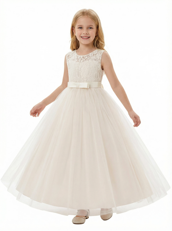 Round Neck Sleeveless A-Line Gown Delicate Lace Top & Tulle Skirt with Bow Belt for Special Occasions