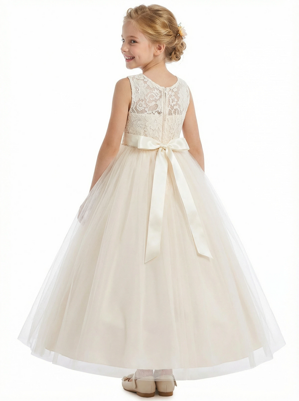 Round Neck Sleeveless A-Line Gown Delicate Lace Top & Tulle Skirt with Bow Belt for Special Occasions