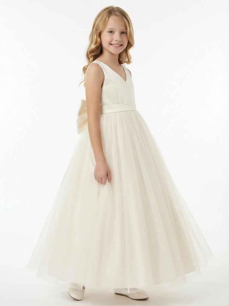 Cute Flower Girl Dress V-Neck A-Line Tulle Sleeveless Flowy Formal Event Gown