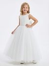 Round Neck A-Line Lace Tulle Sleeveless Back Bow Formal Gown Cute Flower Girl Dress