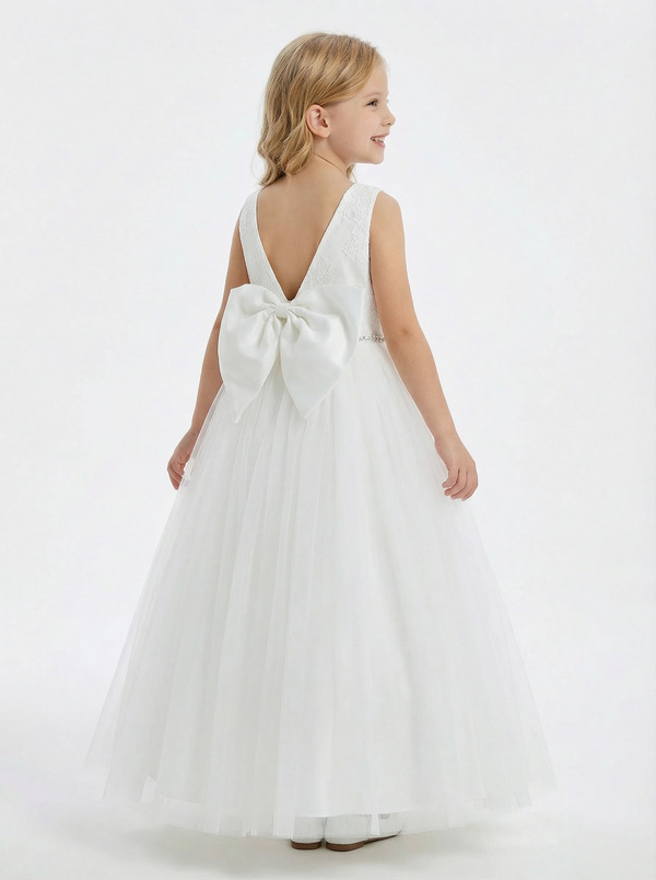 Round Neck A-Line Lace Tulle Sleeveless Back Bow Formal Gown Cute Flower Girl Dress