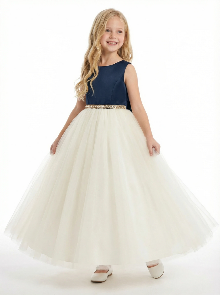 Round Neck A-Line Tulle Sleeveless Back Bow Beaded Formal Gown Flower Girl Dress