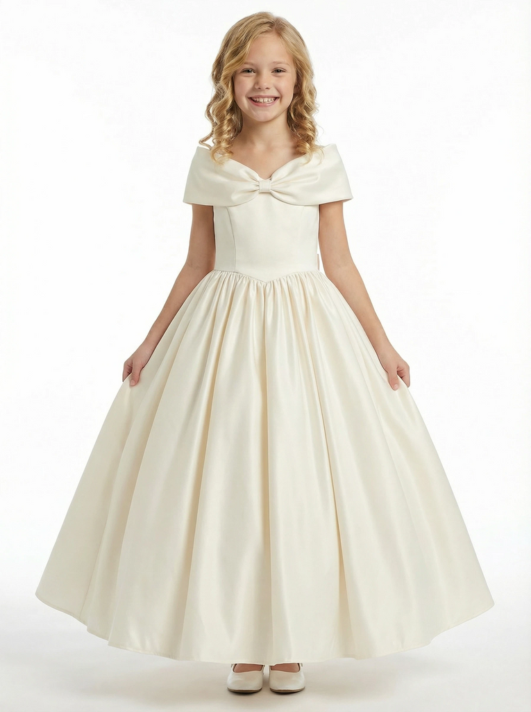 Elegant Flower Girl Dress Off-the-Shoulder Short Sleeve A-Line Floor-Length Satin Gown with Bow Accent