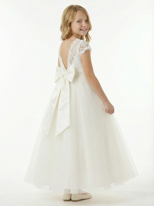 Charming Flower Girl Gown Scoop Back Short Lace Sleeve A-Line Floor-Length Tulle Dress with Satin Bow Accent