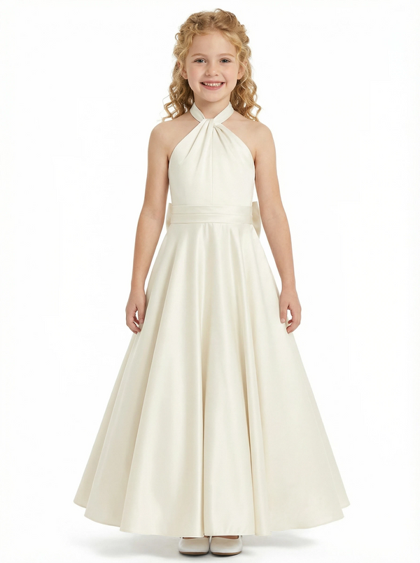 Gorgeous Flower Girl Gown Halter Neck Sleeveless A-Line Floor-Length Satin Dress with Oversized Back Bow Accent