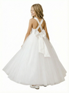 Gorgeous Flower Girl Dress V-Neck Sleeveless Ballgown Floor-Length Tulle & Satin Gown with Waist Bow Accent
