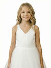 Gorgeous Flower Girl Dress V-Neck Sleeveless Ballgown Floor-Length Tulle & Satin Gown with Waist Bow Accent