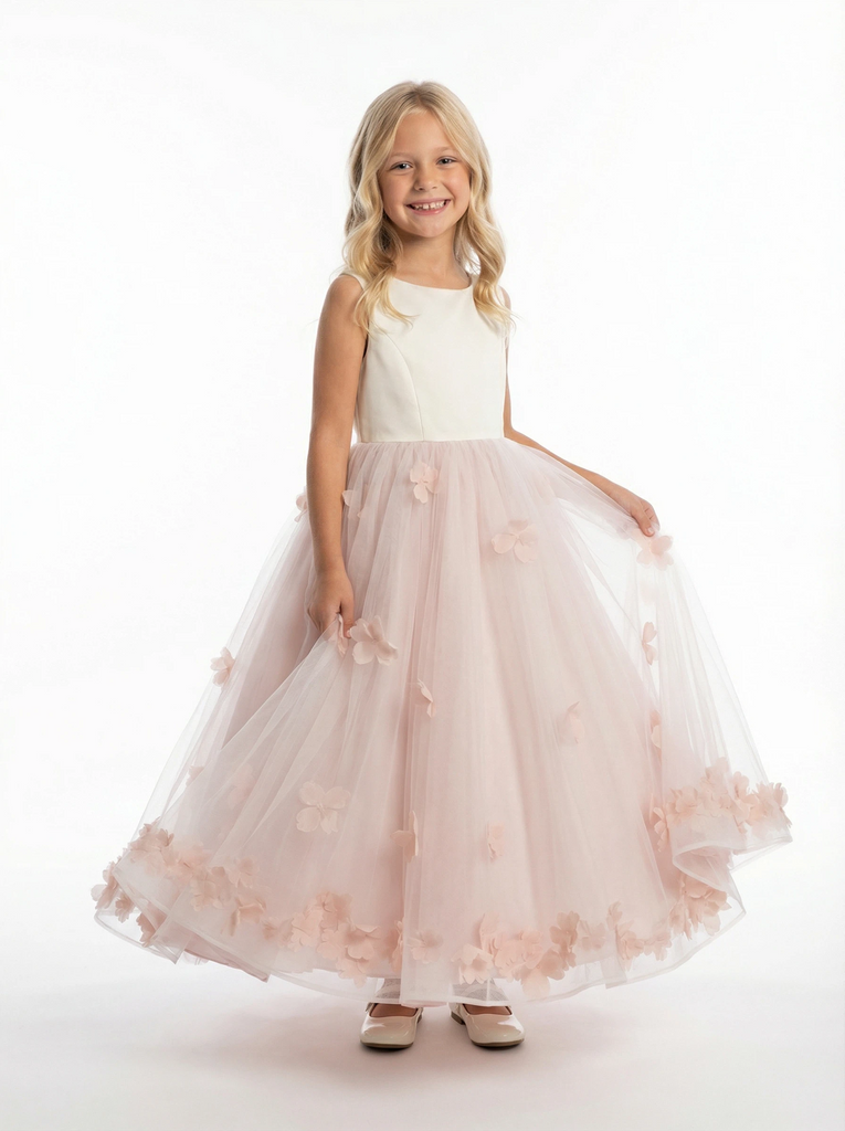 Sleeveless Flower Girl Dress A-Line Floor-Length Tulle Gown with 3D Floral Appliqu¨¦s & Ruched Waist for Weddings & Formal Events
