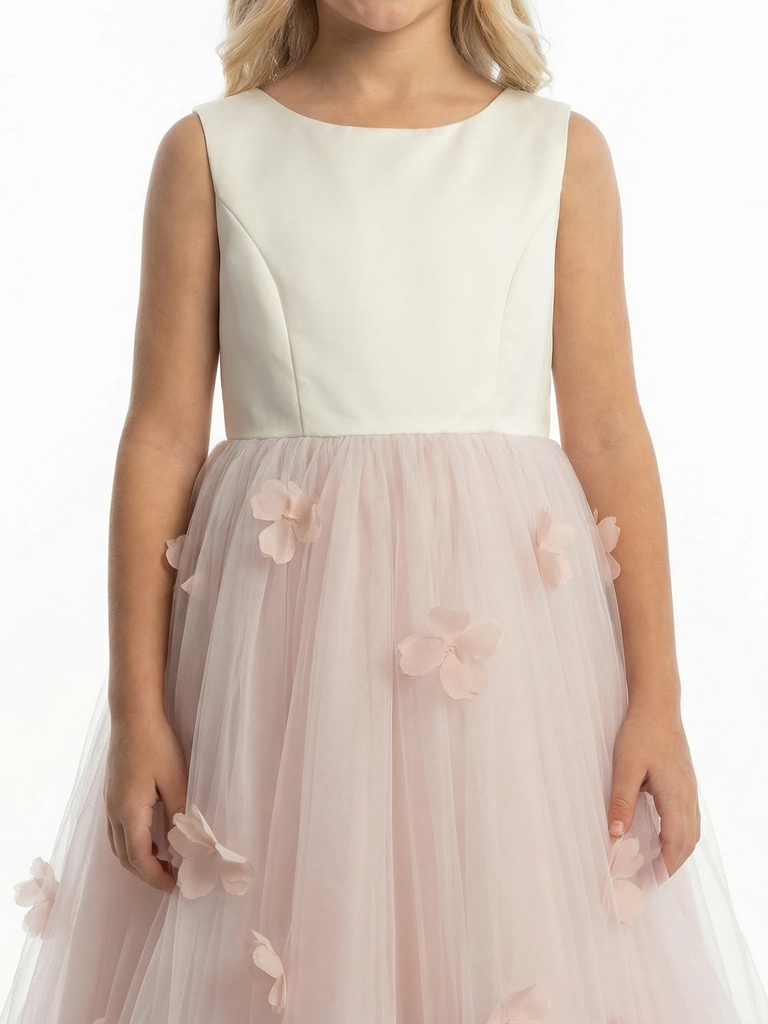 Sleeveless Flower Girl Dress A-Line Floor-Length Tulle Gown with 3D Floral Appliqu¨¦s & Ruched Waist for Weddings & Formal Events