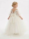 Off-the-Shoulder Puff-Sleeve Flower Girl Gown Floor-Length A-Line Tulle Dress with 3D Lace Appliqu¨¦s Oversized Bow & Train for Wedding Ceremonies