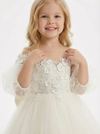 Off-the-Shoulder Puff-Sleeve Flower Girl Gown Floor-Length A-Line Tulle Dress with 3D Lace Appliqu¨¦s Oversized Bow & Train for Wedding Ceremonies