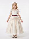 Short Puff-Sleeve Round-Neck Flower Girl Dress Lace Gown with Satin Waist Bow & Intricate Lace Overlay for Wedding & Formal Gatherings