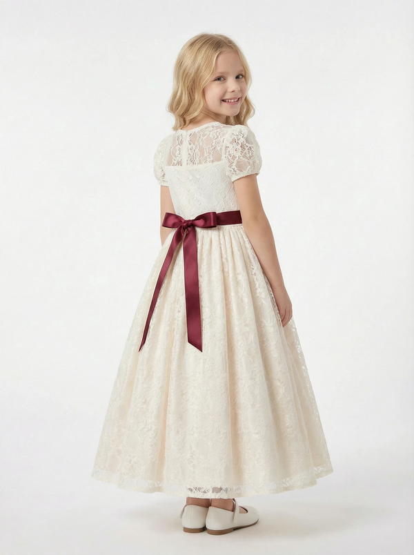 Short Puff-Sleeve Round-Neck Flower Girl Dress Lace Gown with Satin Waist Bow & Intricate Lace Overlay for Wedding & Formal Gatherings