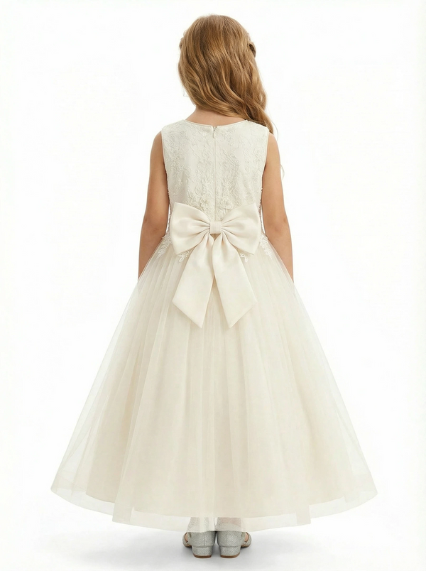Sleeveless Round-Neck Flower Girl Gown Tulle Dress with Pearl Embellishments & Lace Appliqu¨¦s for Wedding Ceremonies