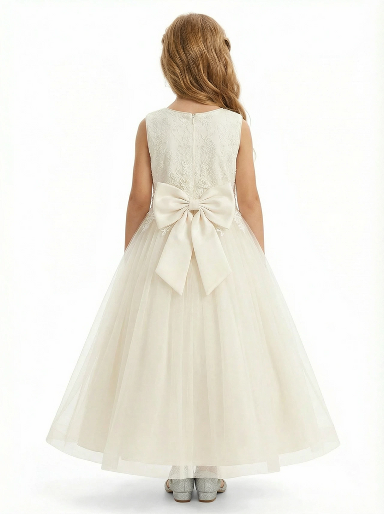 Sleeveless Round-Neck Flower Girl Gown Tulle Dress with Pearl Embellishments & Lace Appliqu¨¦s for Wedding Ceremonies