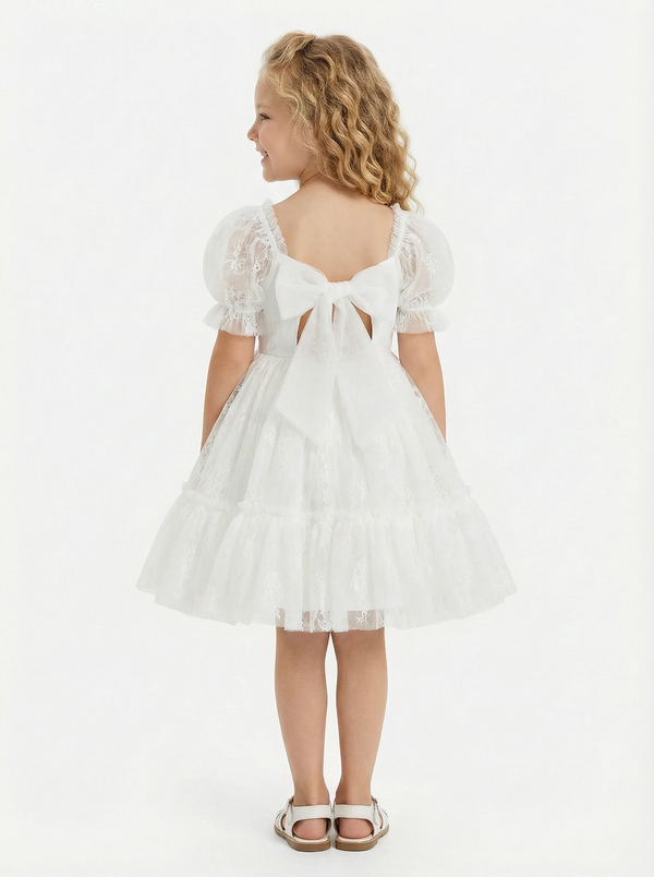 Puff Short Sleeves Tulle Bow Flower Girl Dress Birthday Party Dresses