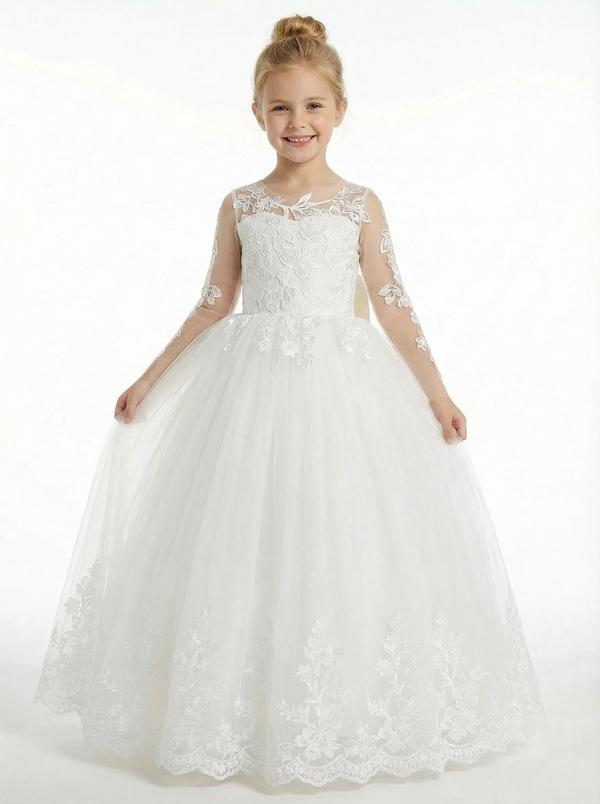 Vintage Lace Girls Wedding Party Dress Floor Length Long Sleeve Bow Sash A Line Flower Dress