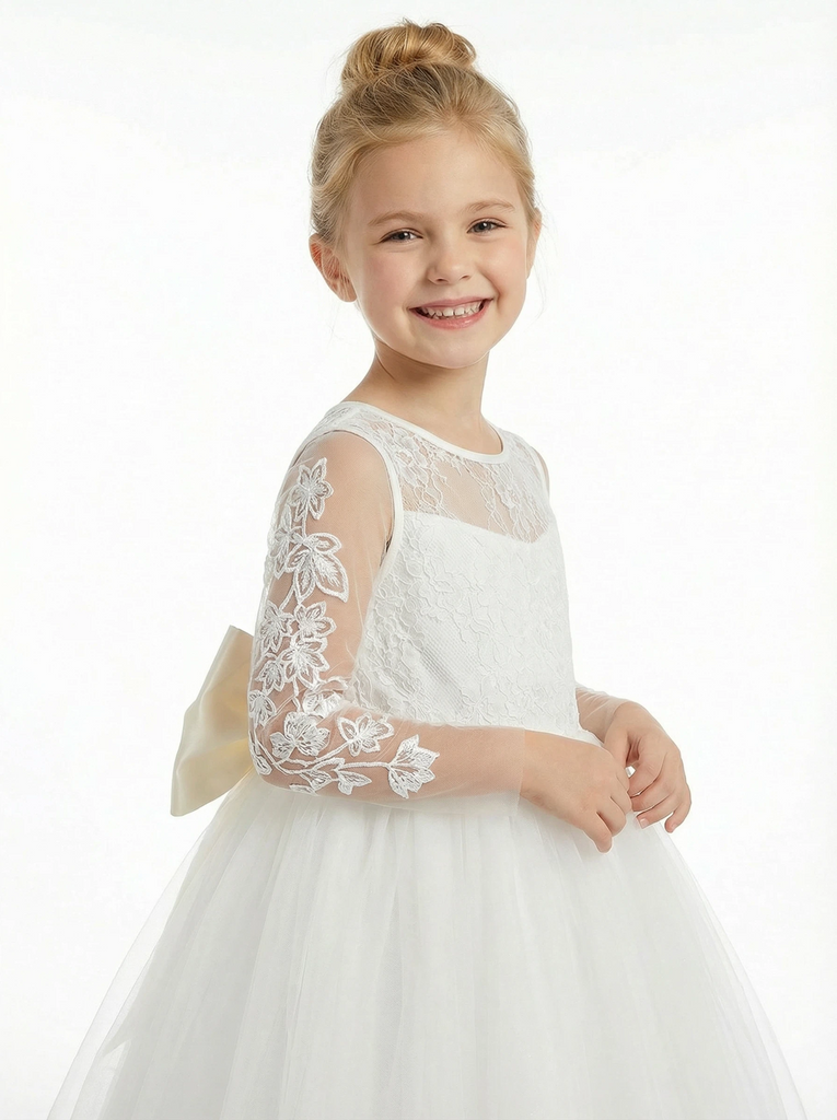 Vintage Lace Girls Wedding Party Dress Floor Length Long Sleeve Bow Sash A Line Flower Dress