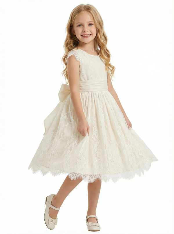 Flower Girl Dress Tulle Scoop Neck Big Bow Back Ball Gown Knee Length Wedding Party Gown