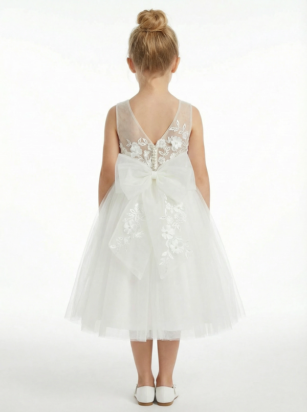 Floral Lace Flower Girl Dress Sleeveless Tulle Skirt Round Neck Wedding Toddler Bridesmaid