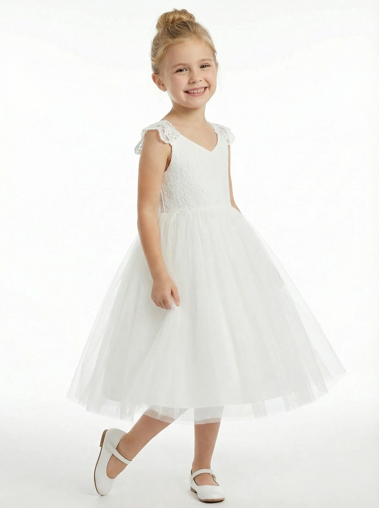 Lace Applique Flower Girl Dress Tea Length Ball Gown Sweetheart Neck Formal Wedding Gowns