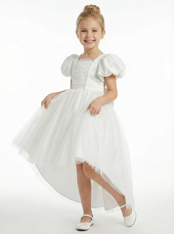 High Low Girls Wedding Guest Dress Lace Short Sleeve Boho Flowy Summer Party Gowns